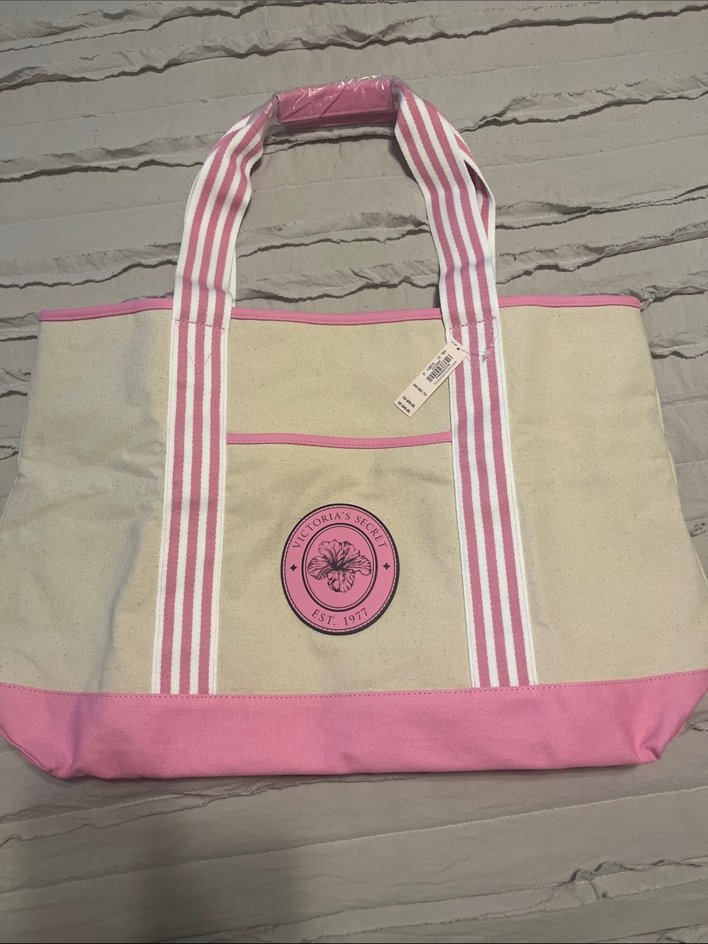Victoria's Secret Pink and Cream Canvas Tote Bag